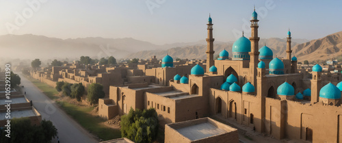 A serene, misty dawn breaks over the ancient city of Khost, Afghanistan, with the towering spires of the 16th-century mosque of Khost standing proudly amidst the sleepy, narrow streets. photo