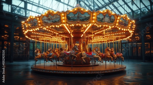 A vintage carousel with brightly lit lights and painted horses stands inside a glass pavilion.