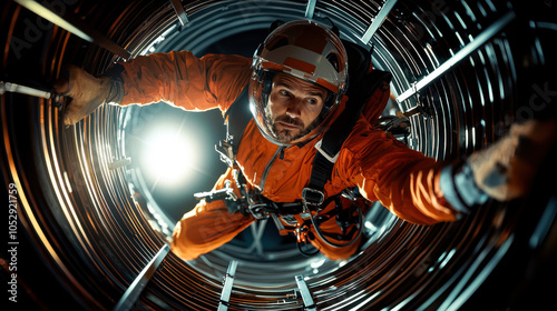 Climbing wind turbine, technician in orange jumpsuit navigates interior of cylindrical structure, showcasing determination and focus