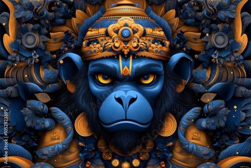 A retro-style poster of Hanuman, with bold lines and colors reminiscent of classic Indian art photo