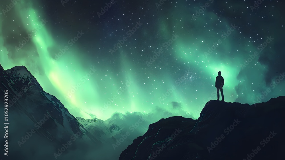 Aurora borealis and silhouette of standing man on the mountain. Aurora and traveller. Starry sky and green polar lights. Night landscape with northern lights and people. Concept. Nature background . Aurora borealis and silhouette of standing man on the mountain. Aurora and traveller. Starry sky and green polar lights. Night landscape with northern lights and people. Concept. Nature background .