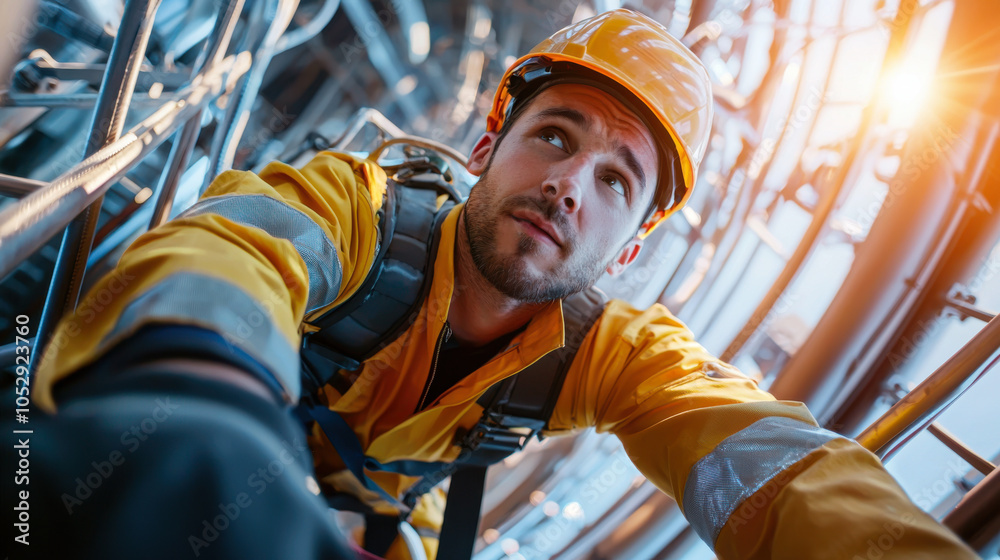 Climbing wind turbine, technician in yellow safety suit and helmet focuses on his task. intricate machinery and cables surround him, highlighting technical nature of his work Climbing wind turbine, technician in yellow safety suit and helmet focuses on his task. intricate machinery and cables surround him, highlighting technical nature of his work
