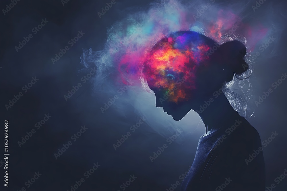 A surreal silhouette of a woman with swirling colorful clouds inside her head, representing creativity, imagination, and the boundless possibilities of the mind. A surreal silhouette of a woman with swirling colorful clouds inside her head, representing creativity, imagination, and the boundless possibilities of the mind.