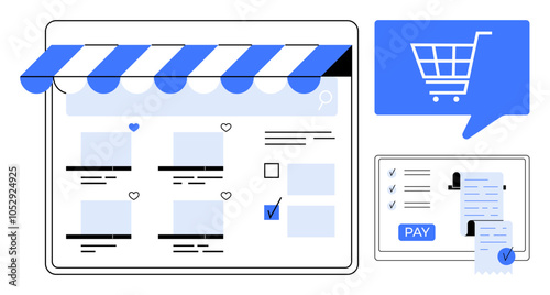 E-commerce page displays product listings with options to select and purchase items, accompanied by a checkout screen and receipt. Ideal for online shopping, e-commerce, retail, digital marketing