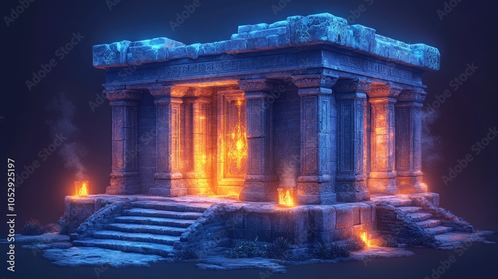 Obraz premium A mystical ancient temple with glowing entrance, set against a dark background.