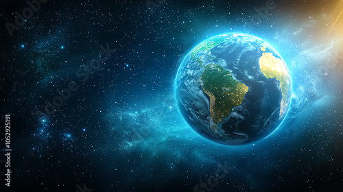 An artistic representation of earth highlighting brazil with its iconic flag and lush greenery in a cosmic setting