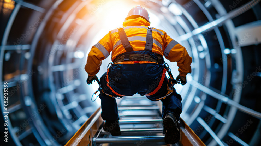 Wind Turbine Technician Is Climbing Ladder Inside Turbine Structure wind-turbine-technician-is-climbing-ladder-inside-turbine-structure