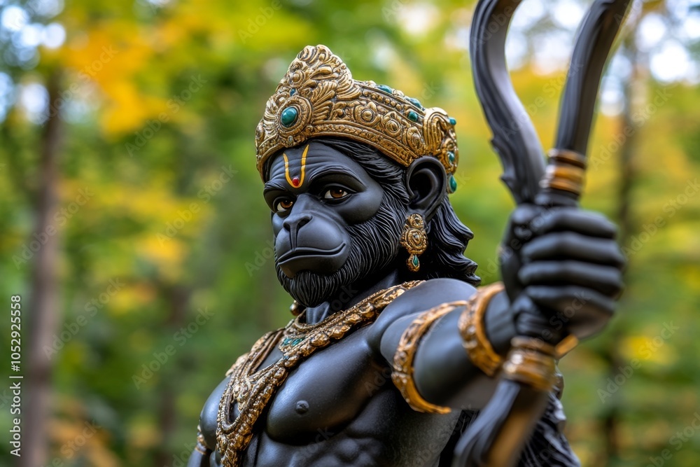 Obraz premium Hanuman in mid-air, holding Lord Ramaâ€™s banner, with the wind flowing through his hair and tail
