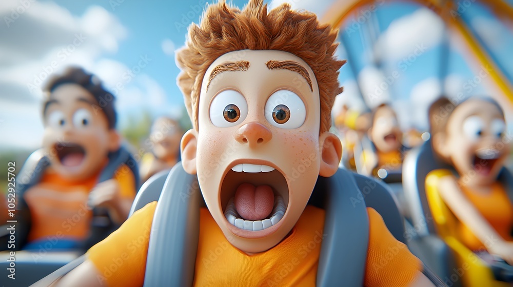Expressive 3D clay characters with exaggerated movements and faces on an exciting rollercoaster ride in a vibrant whimsical amusement park setting Showcasing creativity imagination Expressive 3D clay characters with exaggerated movements and faces on an exciting rollercoaster ride in a vibrant whimsical amusement park setting Showcasing creativity imagination