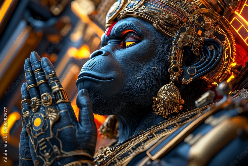 Fototapeta premium Hanuman with a cybernetic arm and neon details, standing in front of a glowing digital background, symbolizing divine power in a tech-inspired world