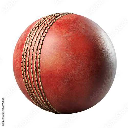 A close-up image of a red leather cricket ball with white stitching.