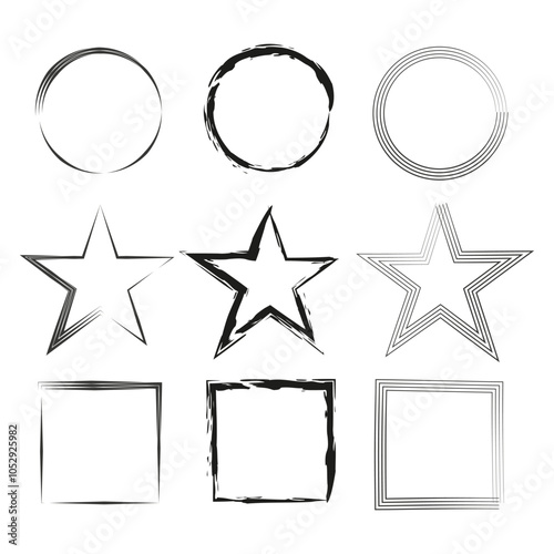 Star and circle frames. Grunge border designs. Geometric line shapes. Vector abstract elements.