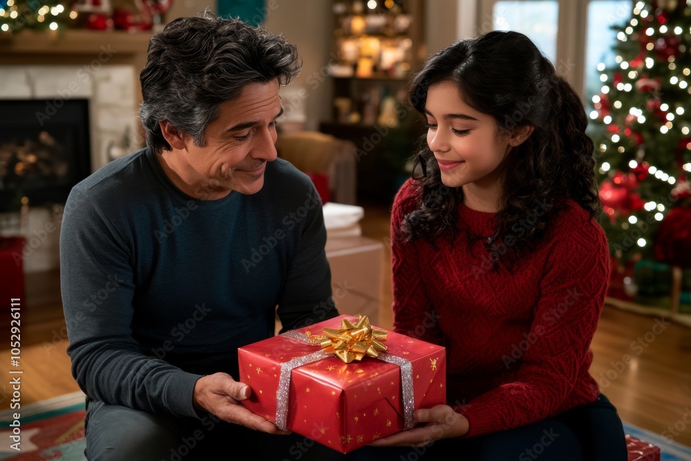 Two siblings exchanging gifts on a holiday morning, surrounded by festive decorations and joy Two siblings exchanging gifts on a holiday morning, surrounded by festive decorations and joy