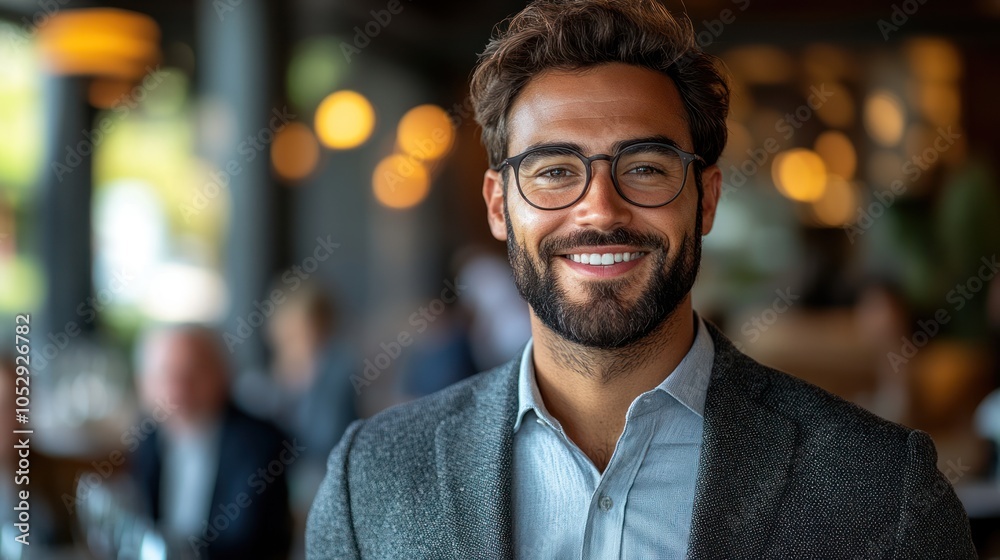 Fototapeta premium Portrait of a Smiling Man in a Restaurant with Glasses and a Blazer