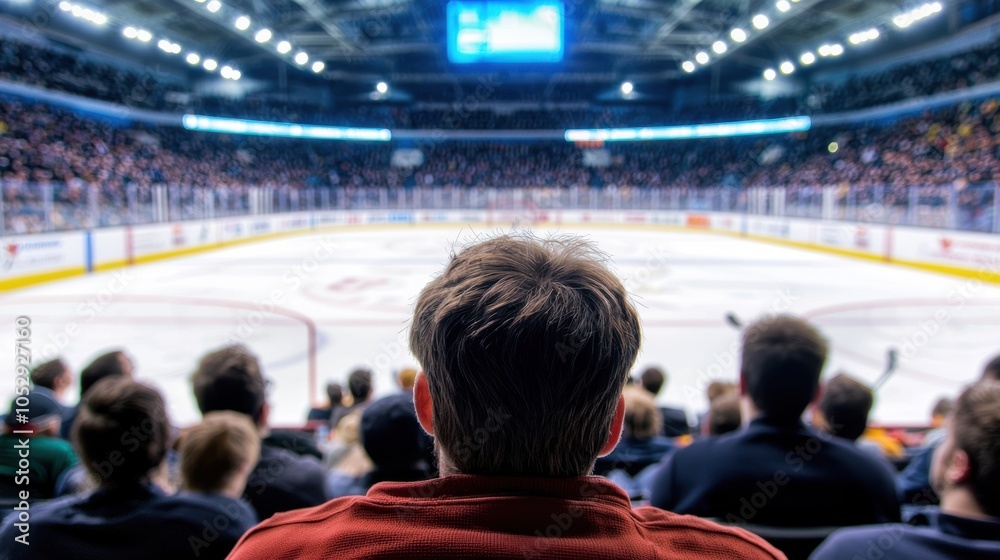 A fan watching an ice hockey game from the stands, capturing the excitement of the event with a packed arena in the background. A fan watching an ice hockey game from the stands, capturing the excitement of the event with a packed arena in the background.