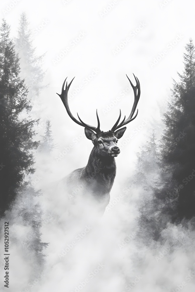 Naklejka premium An elegant deer with horns stands tall in front of you in a foggy forest. The silhouette is in black and white, creating a mysterious atmosphere.