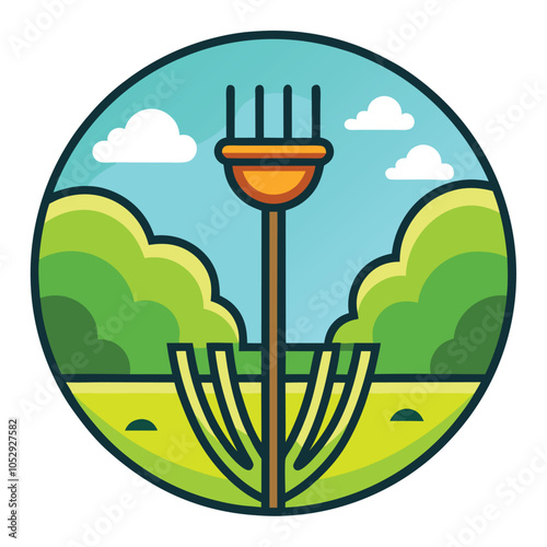 A cartoon illustration of a rake in a garden setting. The rake has an orange handle and is surrounded by green grass and bushes. The background is a blue sky with white clouds.