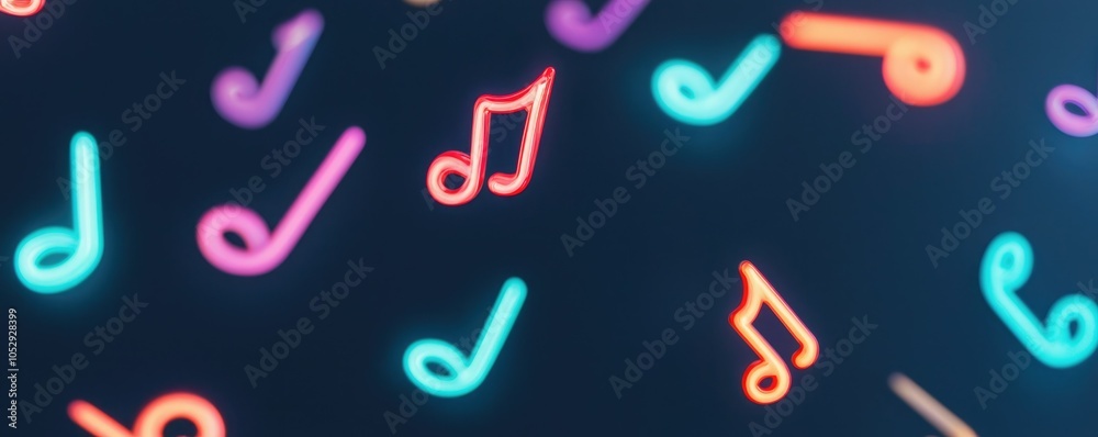 Colorful musical notes float against a dark background, creating a vibrant and artistic representation of sound and music. Colorful musical notes float against a dark background, creating a vibrant and artistic representation of sound and music.