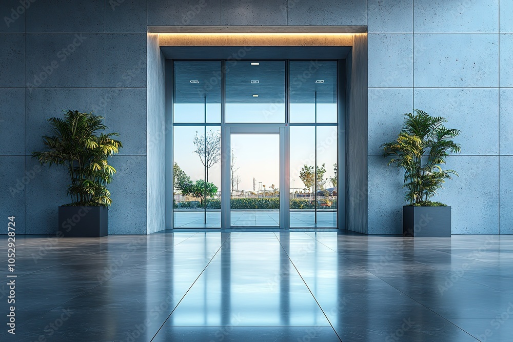 Empty modern office lobby with a view of the outdoors through large windows. Empty modern office lobby with a view of the outdoors through large windows.