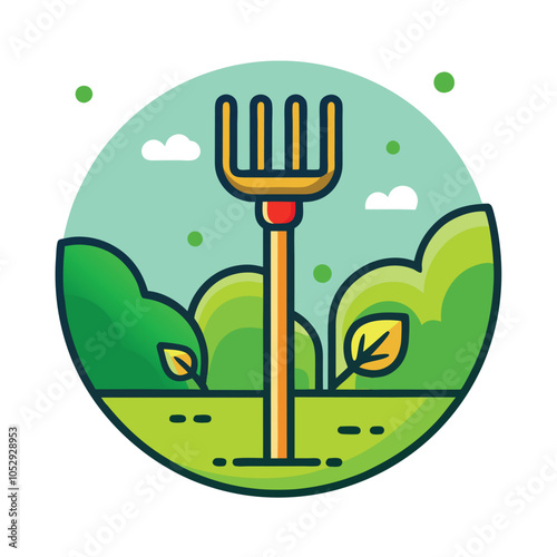 A simple illustration of a gardening rake in a lush garden.