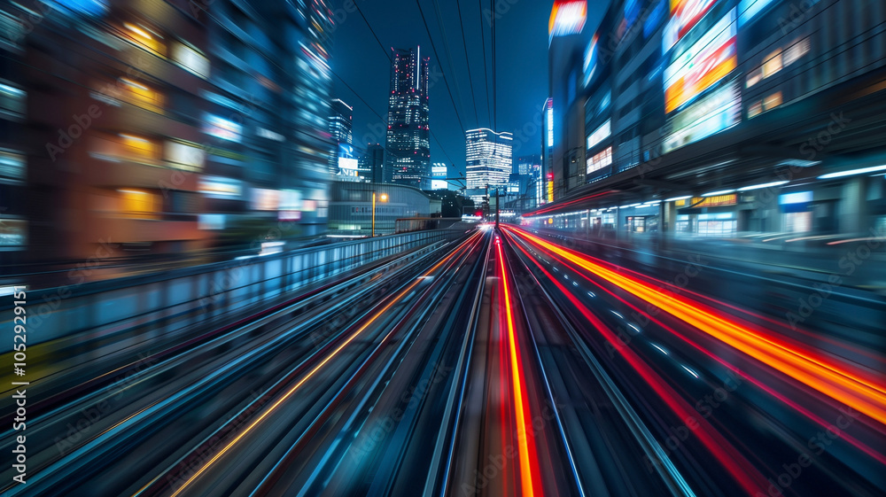 Blurred view from the front of a bullet train in the city at night. Blurred view from the front of a bullet train in the city at night.