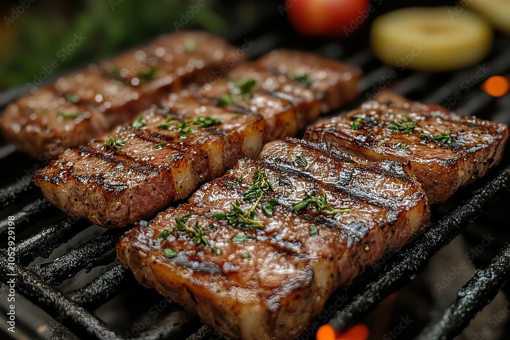 Sizzling steaks with grill marks and fresh herbs on a hot barbecue. Sizzling steaks with grill marks and fresh herbs on a hot barbecue.