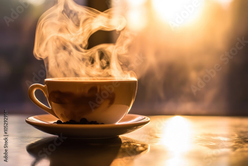 A steaming cup of coffee on a wooden table, evoking warmth and coziness in a peaceful setting. photo