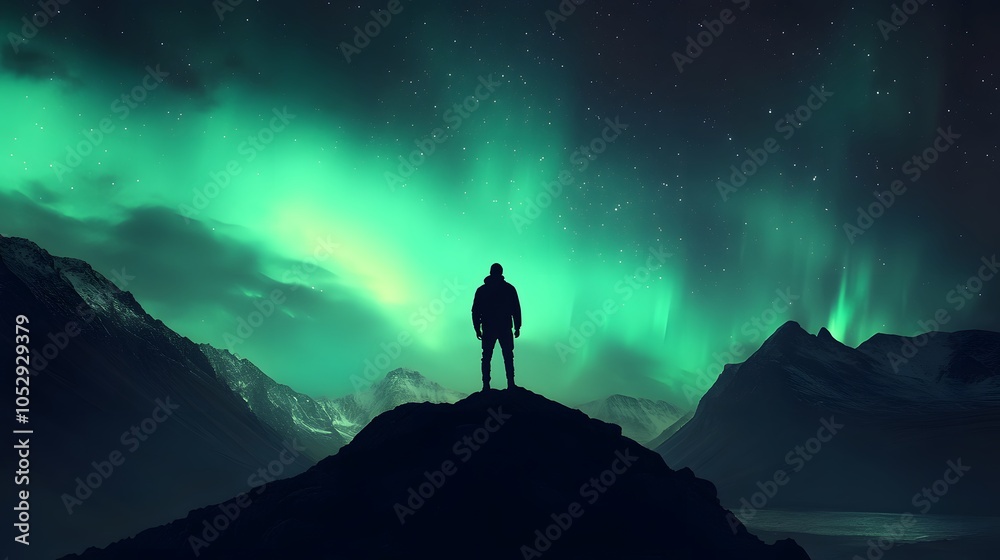 Fototapeta premium Aurora borealis and silhouette of standing man on the mountain. Aurora and traveller. Starry sky and green polar lights. Night landscape with northern lights and people. Concept. Nature background . 