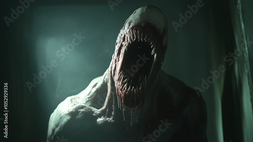 Scary demon with fangs about to bite you for Halloween theme.