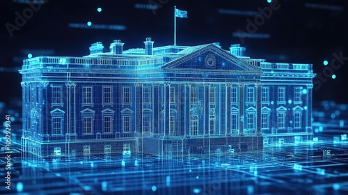 A 3D wireframe model of a classic building, rendered in a blue neon glow.