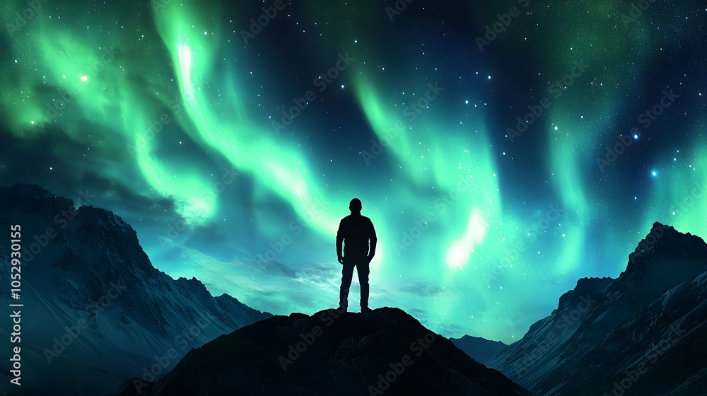 Fototapeta premium Aurora borealis and silhouette of standing man on the mountain. Aurora and traveller. Starry sky and green polar lights. Night landscape with northern lights and people. Concept. Nature background . 