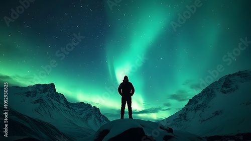 Aurora borealis and silhouette of standing man on the mountain. Aurora and traveller. Starry sky and green polar lights. Night landscape with northern lights and people. Concept. Nature background . 