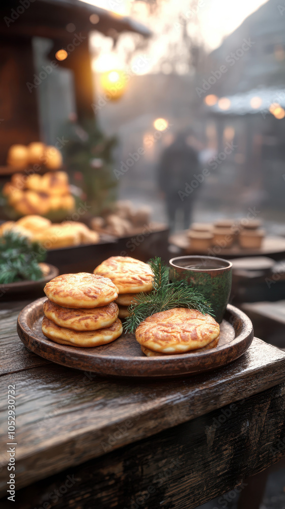 Warm and inviting, this features rustic wooden plate with golden brown pancakes, accompanied by cup, set against cozy market backdrop. soft lighting enhances comforting atmosphere Warm and inviting, this features rustic wooden plate with golden brown pancakes, accompanied by cup, set against cozy market backdrop. soft lighting enhances comforting atmosphere