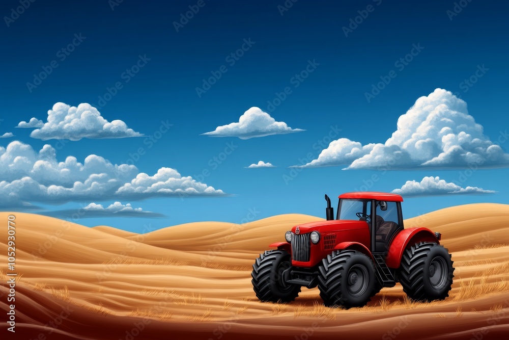 a 2D cartoon illustration of a red tractor parked in a field simple and rustic white background a 2D cartoon illustration of a red tractor parked in a field simple and rustic white background