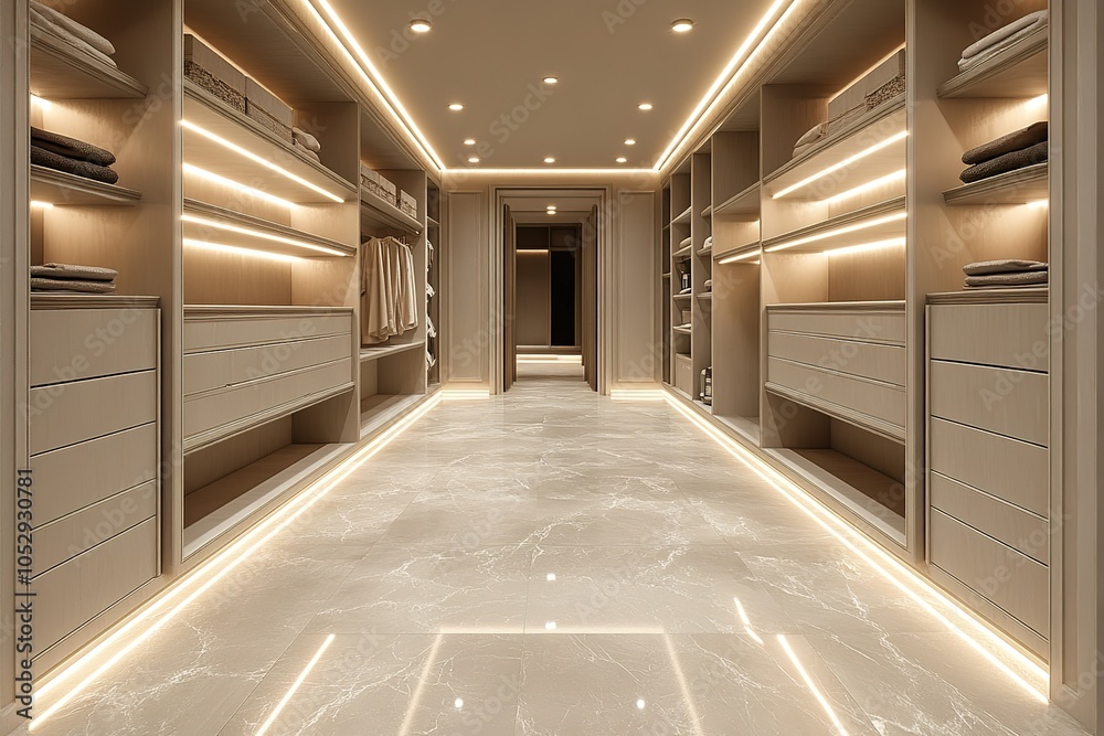 Obraz premium A spacious and luxurious walk-in closet bathed in warm, inviting light.