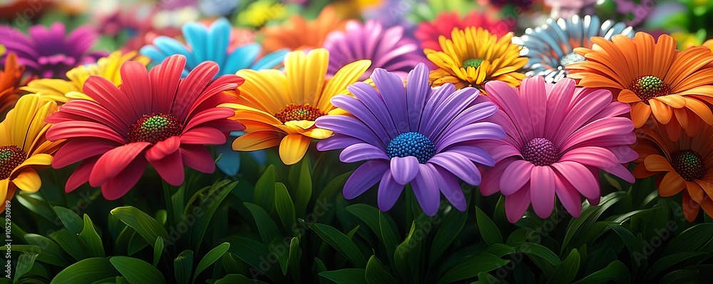 Colorful Spring Flowers in a Garden with Green Foliage Colorful Spring Flowers in a Garden with Green Foliage