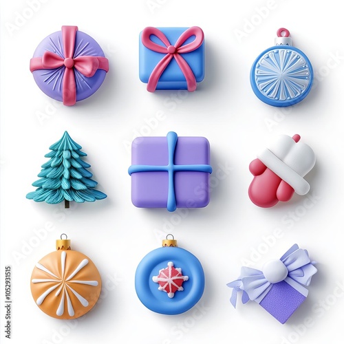 Holiday icons, festive colors, minimalist flat design, isolated on white, 3D illustration