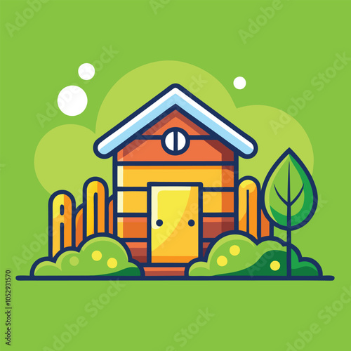 Cute cartoon illustration of a small house with a yellow door and a fence in front. The house is surrounded by green grass, bushes, and a tree.