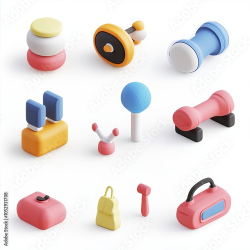 Fitness icons, diverse colors, minimalist flat style, white background, 3D illustration