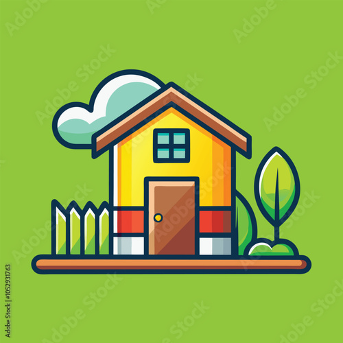 Cute cartoon illustration of a yellow house with a brown door and a green lawn.