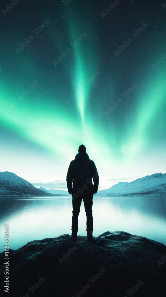 person stands on rock by serene lake, gazing at mesmerizing northern lights illuminating night sky. scene evokes sense of wonder and tranquility person stands on rock by serene lake, gazing at mesmerizing northern lights illuminating night sky. scene evokes sense of wonder and tranquility