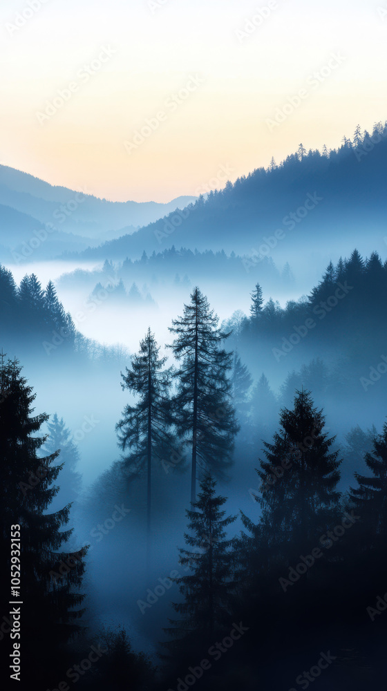 Obraz premium Majestic misty mountains at dawn, with tall evergreen trees silhouetted against soft pastel sky. serene landscape evokes sense of tranquility and wonder