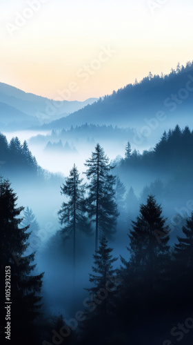 Majestic misty mountains at dawn, with tall evergreen trees silhouetted against soft pastel sky. serene landscape evokes sense of tranquility and wonder