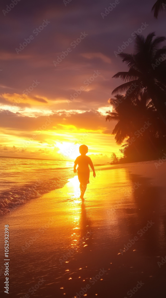Fototapeta premium child walks along beach at sunset, silhouetted against vibrant sky filled with warm colors. scene evokes sense of joy and tranquility