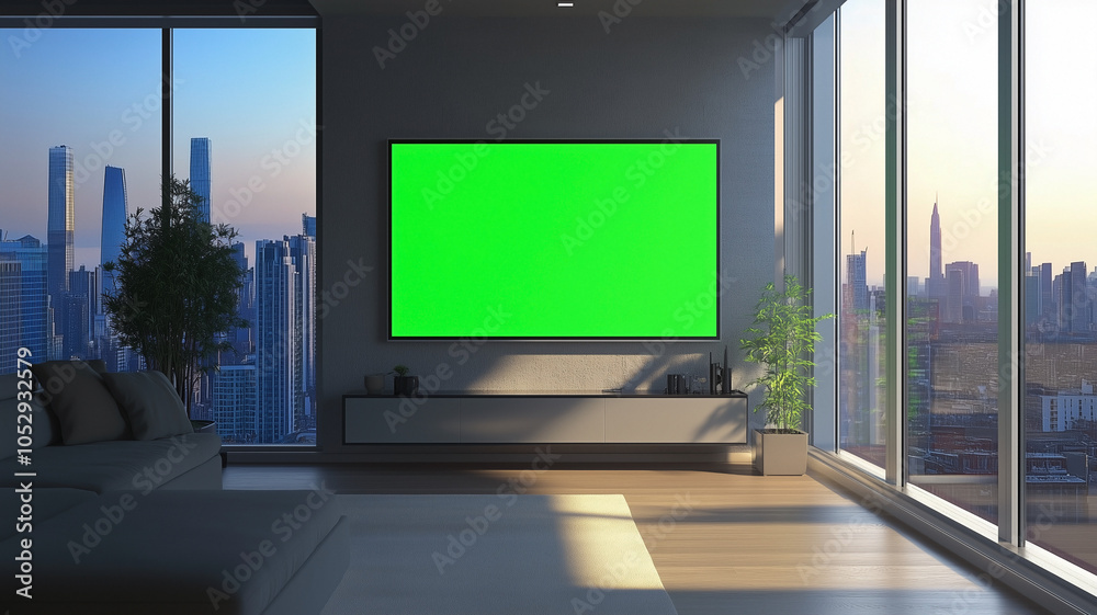 Fototapeta premium Large flat screen television in a modern city apartment where the TV screen is a chroma key green screen.