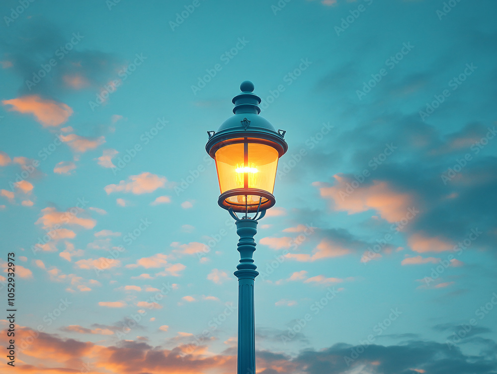 a street lamp shining brightly against a dark blue sky. The lamp has a sturdy metal pole and a decorative top. a street lamp shining brightly against a dark blue sky. The lamp has a sturdy metal pole and a decorative top.