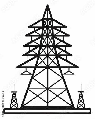 Black vector illustration of a transmission tower silhouette on white background