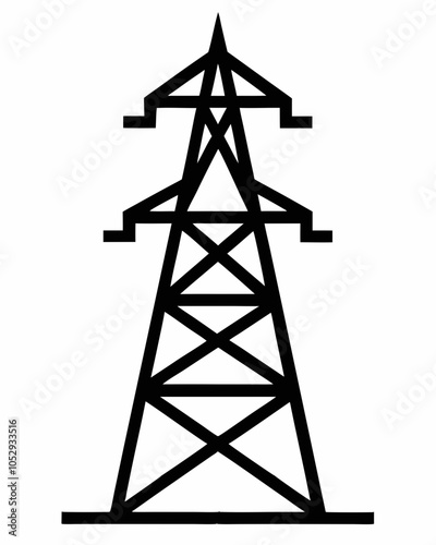 Black vector illustration of a transmission tower silhouette on white background