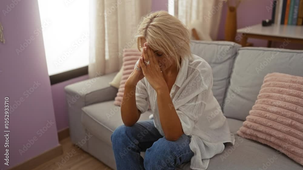Blonde woman with short hair sitting on a sofa in a living room, wearing casual outfit, looking thoughtful with hands clasped under her chin in a home interior setting Blonde woman with short hair sitting on a sofa in a living room, wearing casual outfit, looking thoughtful with hands clasped under her chin in a home interior setting