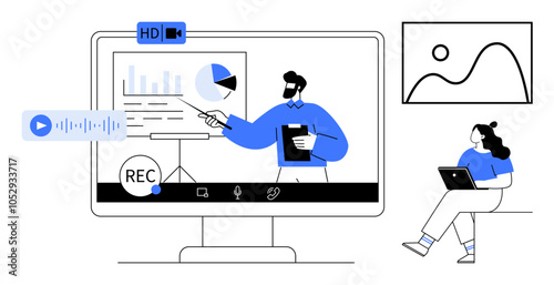 Computer screen showing a virtual presentation, male presenter discussing charts, and female participant with tablet. Ideal for online learning, remote work, webinars, virtual meetings, e-learning